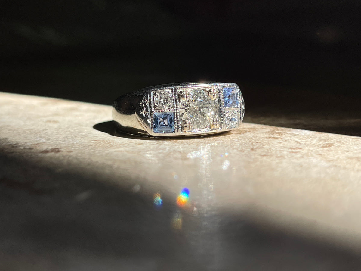 Art Deco Old European Cut Diamond & Sapphire Ring