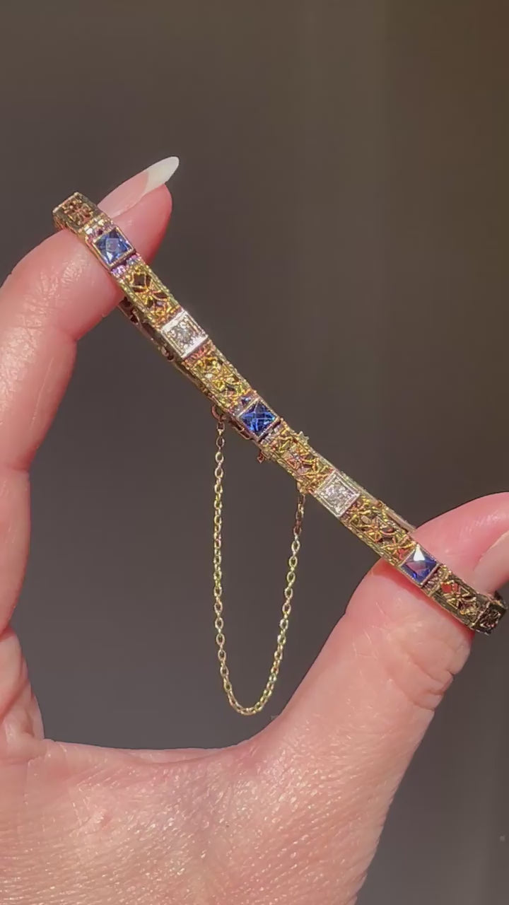 Art Deco Old European Cut Diamond and Sapphire Bracelet