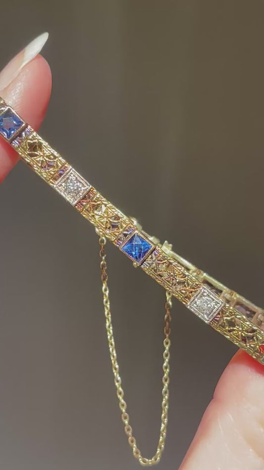 Art Deco Old European Cut Diamond and Sapphire Bracelet